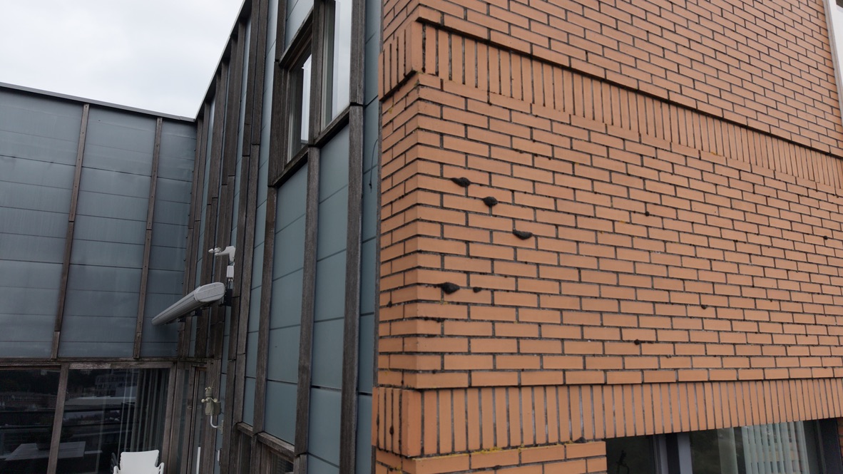 Detailopname van een bakstenen gevel en aangrenzende ramen